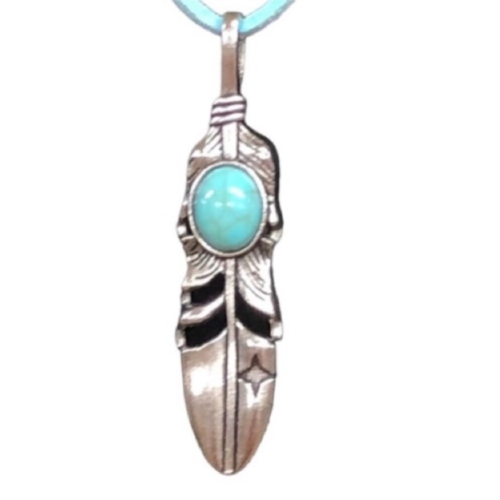 UNBRANDED NATIVE AMERICAN Style FEATHER Statement PENDANT Turquoise Necklace - Picture 2 of 9